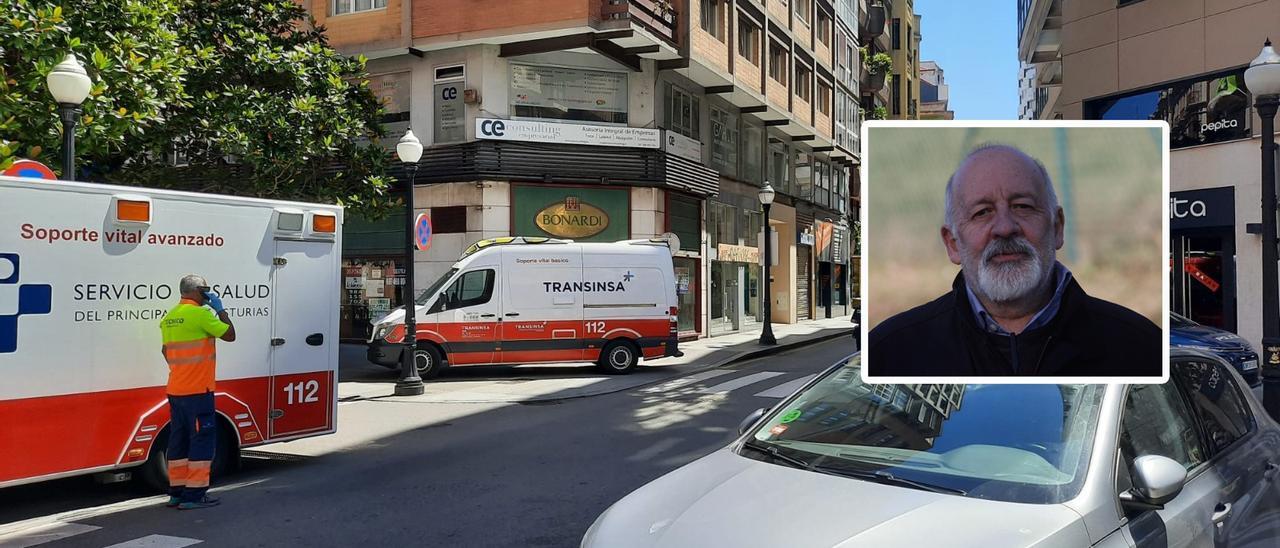 Sanitarios y Policía, de uniforme y de paisano, en la confluencia de las calles Langreo y Donato Argüelles de Gijón. En el recuadro, el padre Chus.