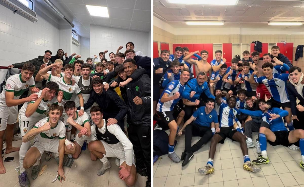 A la izquierda, el Juvenil A del Elche celebra una victoria y, a la derecha, el Juvenil A del Hércules tras un triunfo.