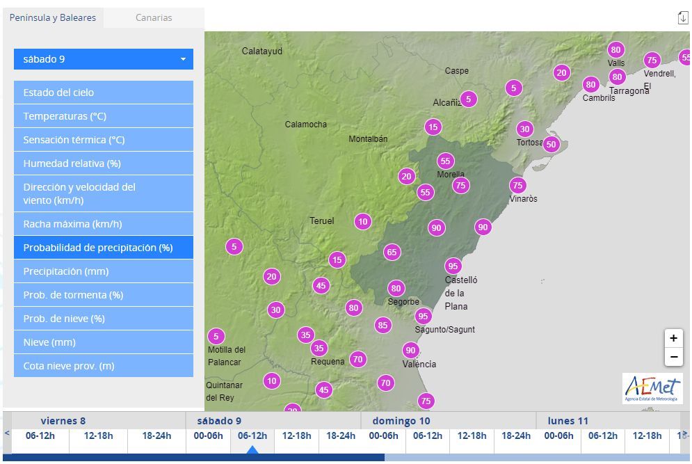 Probabilidades de lluvia en Castellón para el sábado.