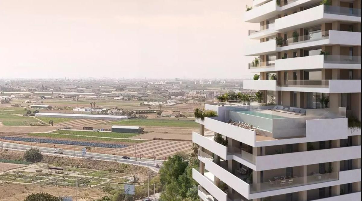 Detalla de la nueva torre de 100 metros de AQ Acentor en Burjassot, cuyo dúplex se vende por millón y medio.