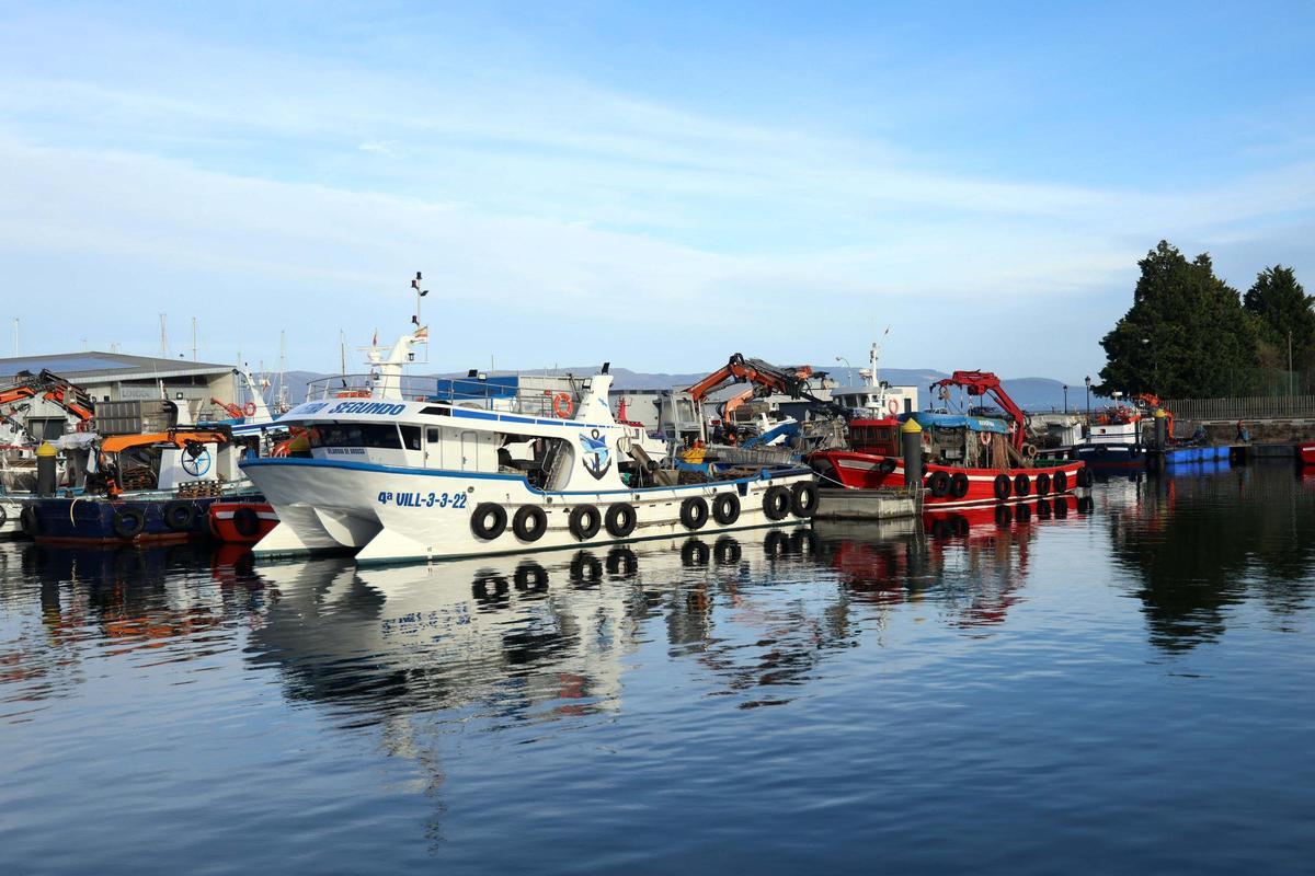 Barcos auxiliares de acuicultura amarrados en Vilanova, ayer.