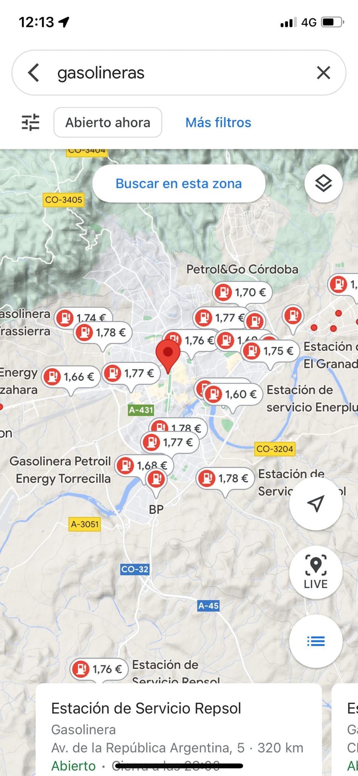 Vista de Google Maps con ubicación y precios de las gasolineras en Córdoba
