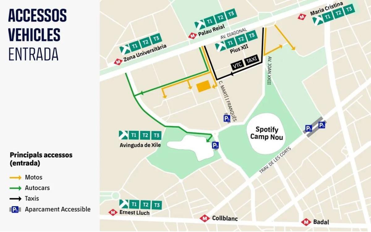 Accesos para los vehículos de entrada al Spotify Camp Nou