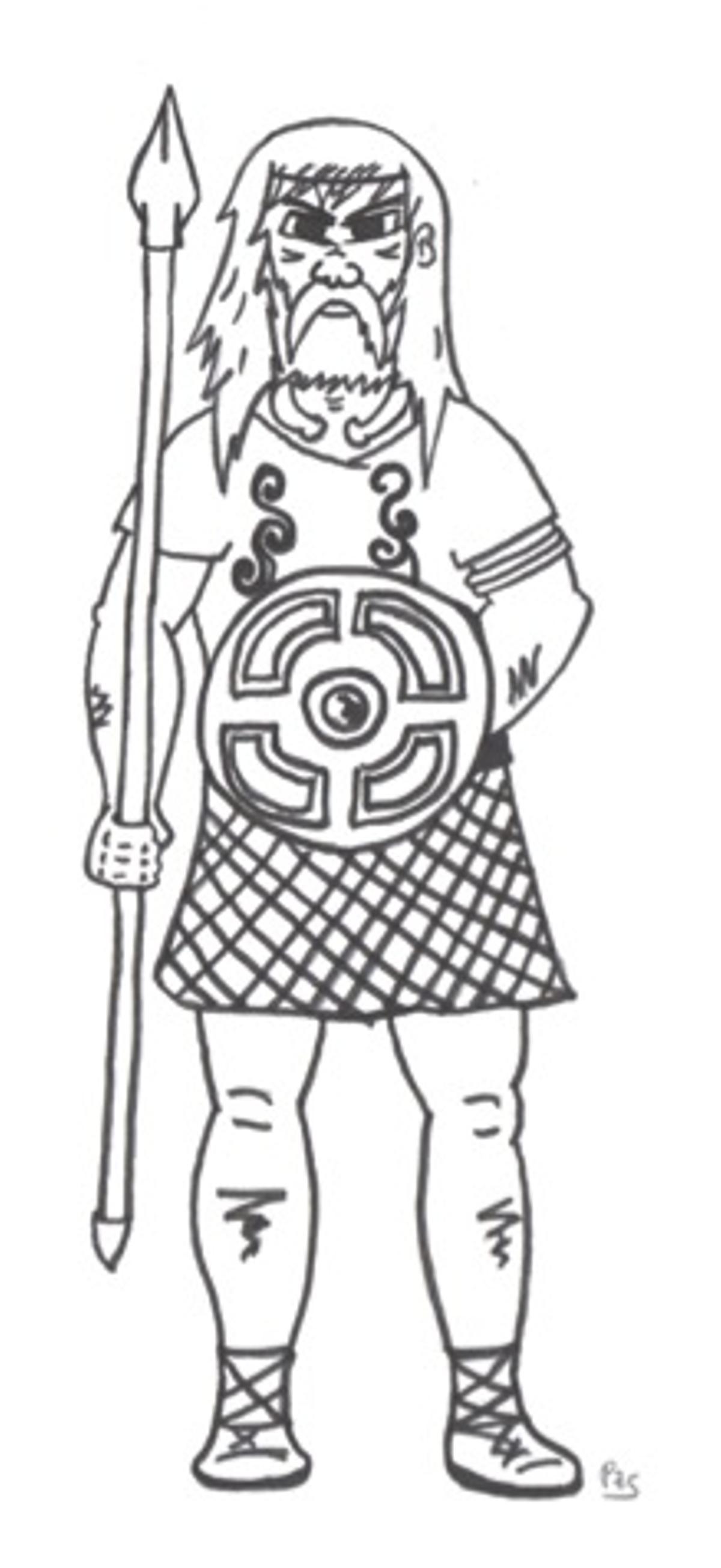 Interpretación de un guerrero castrexo. Dibujo realizado por Rodrigo Vázquez, guía del Parque Arqueolóxico da Cultura Castrexa.
