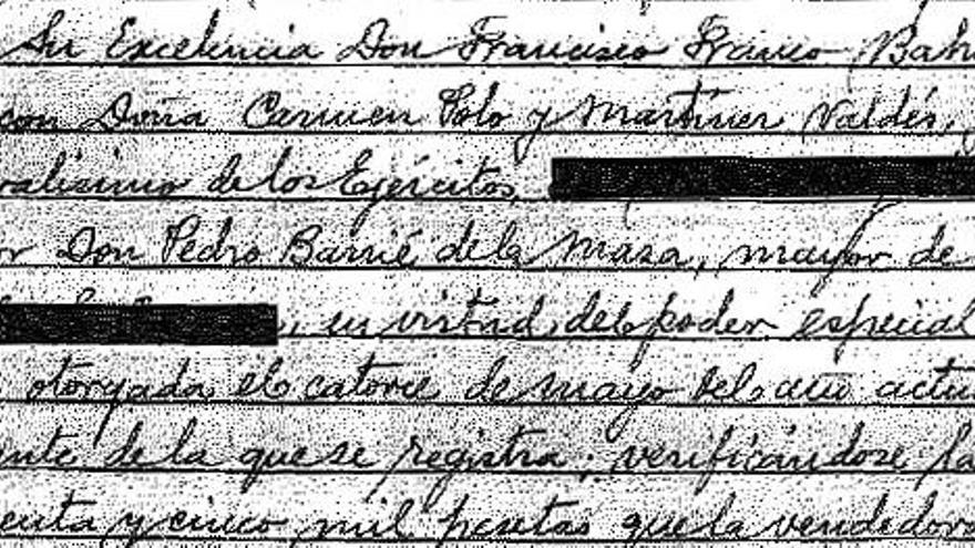 Anotación en del registro de compraventa en 1941 firmado por Barrié de la Maza en representación de Franco.