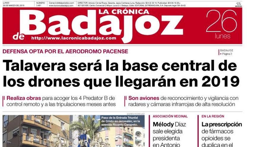 Esta es la portada de LA CRÓNICA DE BADAJOZ correspondiente al día 26 de marzo del 2018