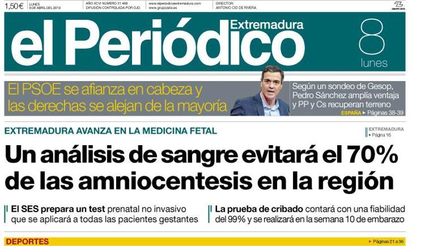 Esta es la portada de EL PERIÓDICO EXTREMADURA correspondiente al día 8 de abril del 2019