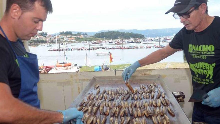 Los fogones comenzaron a cocinar navajas en la jornada de ayer. // Noé Parga