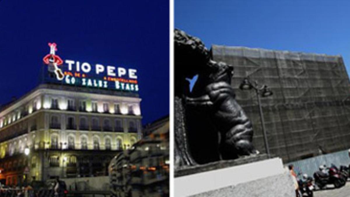 Antes y ahora. El luminoso Tío Pepe, en una foto de archivo, y el número 1 de la Puerta del Sol en obras, el pasado domingo