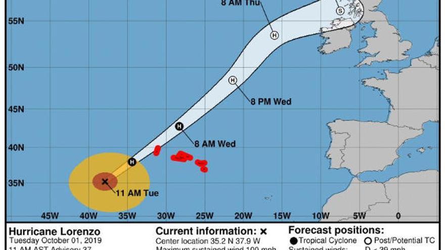 Trayectoria del huracán Lorenzo según el Centro de Huracanes de Miami.