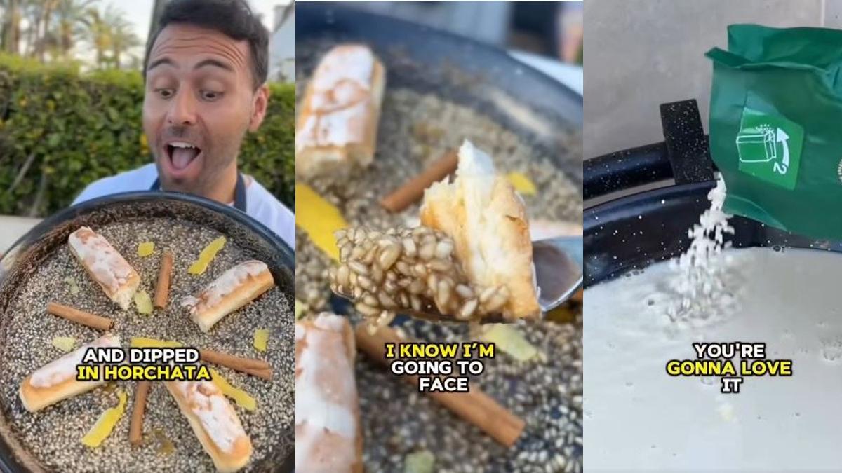 Tres fotogramas del vídeo con la receta de la paella con horchata y fartons