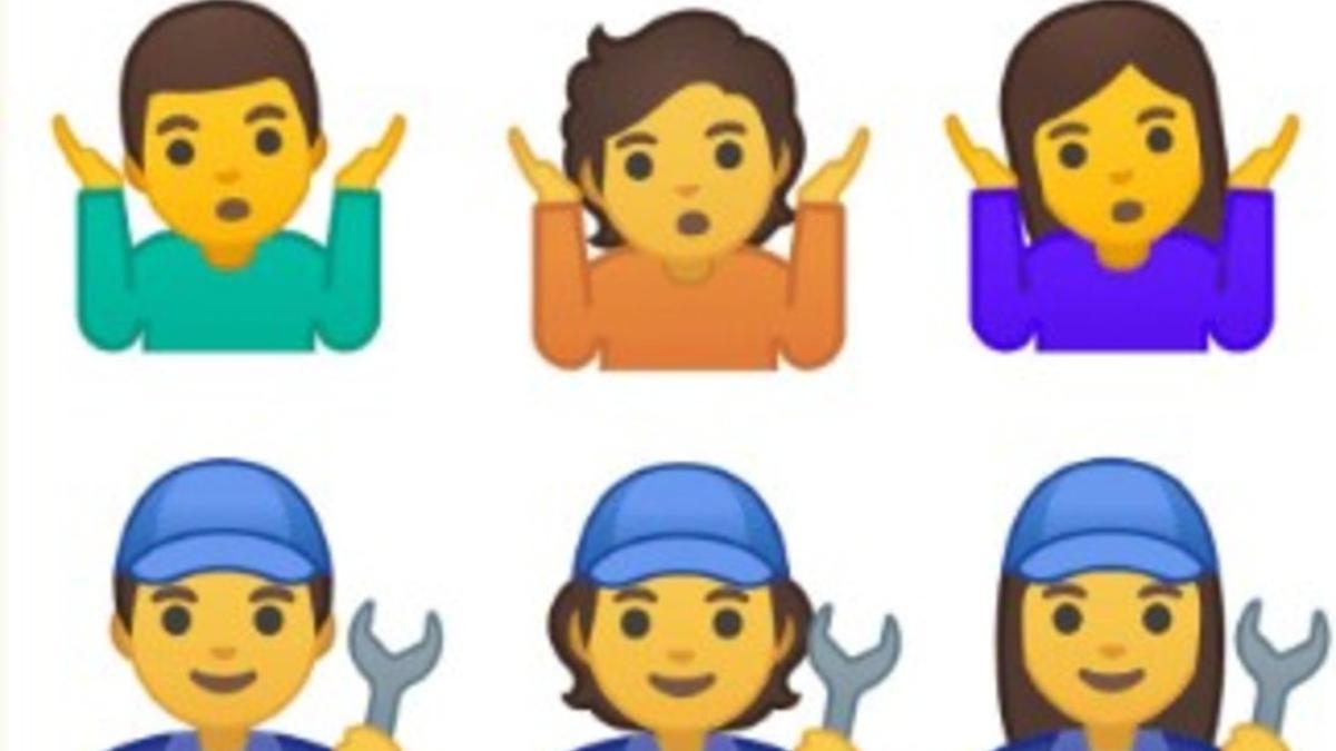 Arriba, 'emoji' de duda. o resginación. A la izquierda un hombre, a la derecha, una mujer y en el centro, el de género ambiguo. Debajo, lo mismo con fontaneros.