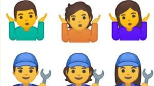 Arriba, ’emoji’ de duda o resginación. A la izquierda un hombre, a la derecha, una mujer y en el centro, el de género ambiguo. Debajo, lo mismo con fontaneros.