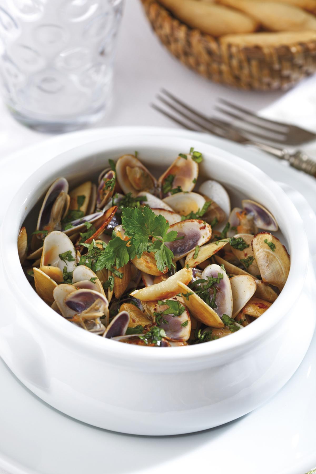 Garlic coquinas. Spanish food. The coquina (Donax trunculus) is a headless bivalve mollusk of the Donacidae family.