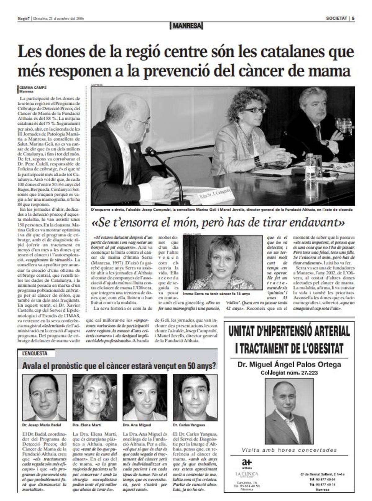 La pàgina del diari que ha mostrat Montserrat Domènech en la seva intervenció