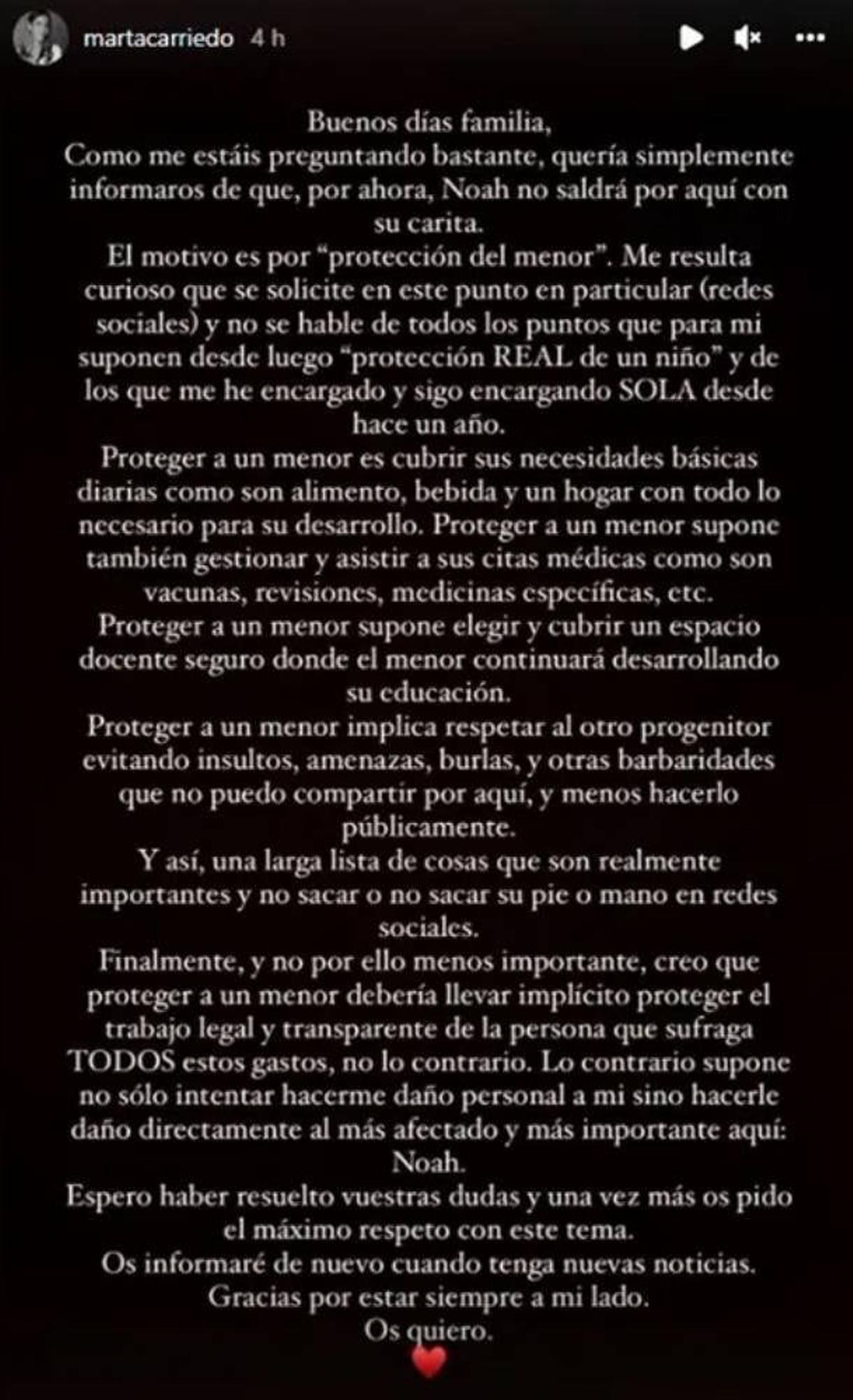 Un comunicado de Marta Carriedo vía Instagram