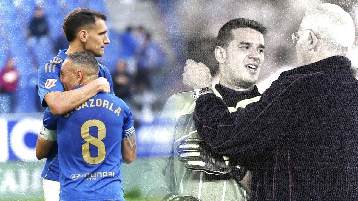A la izquierda, Dani Calvo consuela a Cazorla tras el partido del domingo ante el Getafe. A la derecha, Aragonés consuela a Esteban en el descenso de 2001 en Mallorca.
