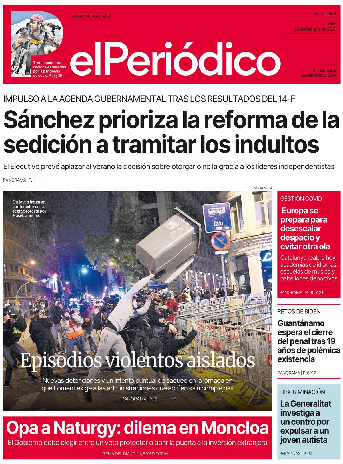 La portada d’EL PERIÓDICO del 22 de febrer del 2021