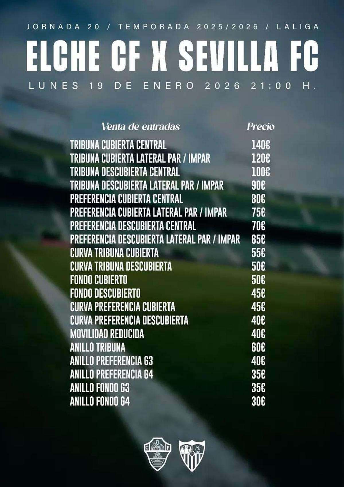 Precio de las entradas para el público general.