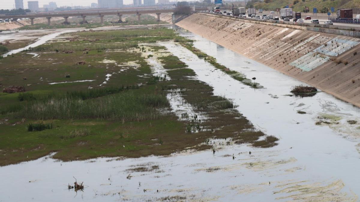 Agua estancada en el nuevo cauce del Túria a su paso por Xirivella.
