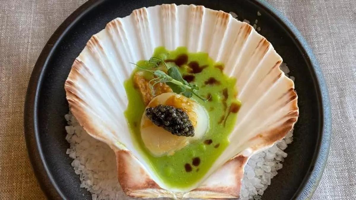 Vieira a la plancha, caviar, jugo de pollo asado y guisantes del Maresme del restaurante 1497.