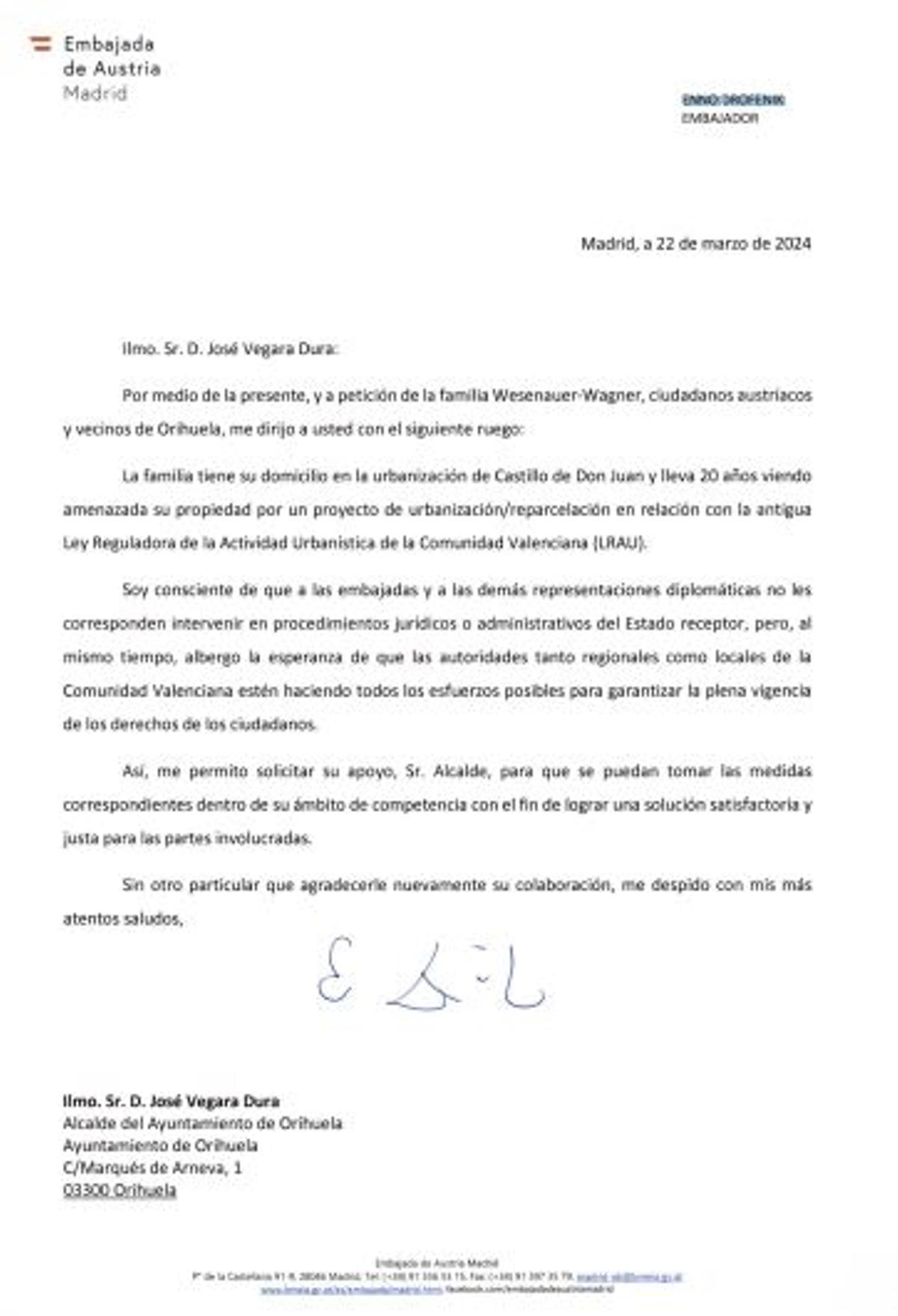 Carta del embajador de Austria en España al alcalde Vegara