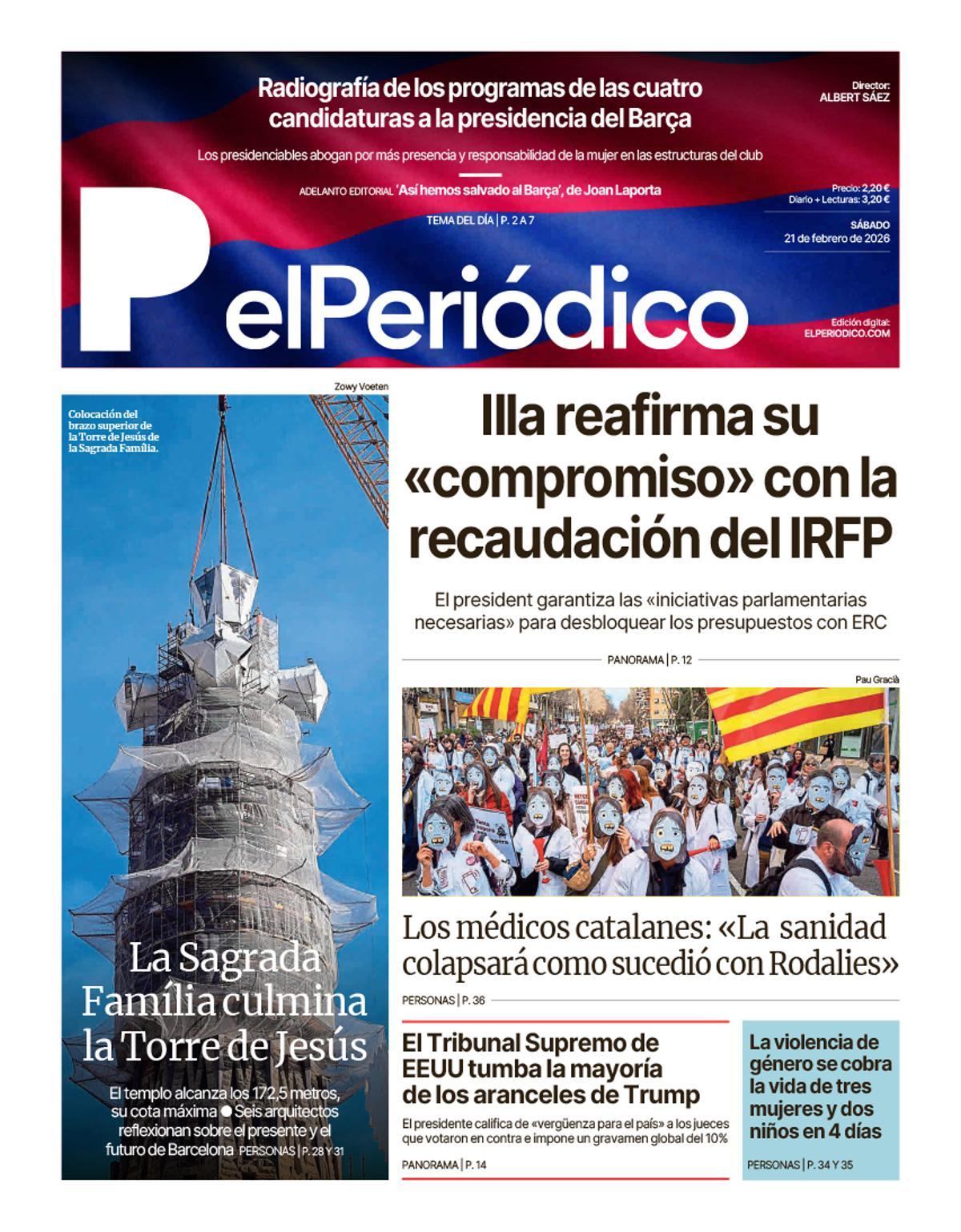 La portada de EL PERIÓDICO del 21 de febrero de 2026