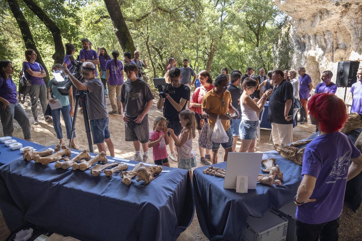 Restes trobades a la Cova ed les Teixoneres exposades, ahir, a la roda de premsa. Vestits amb una samarreta lila, els col·laboradors de les excavacions