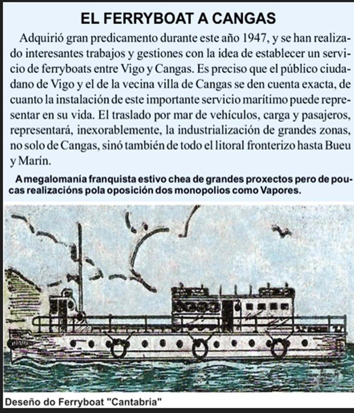 Anuncio dun proxecto de "ferryboat" a Cangas, que nunca chegou a materializarse.