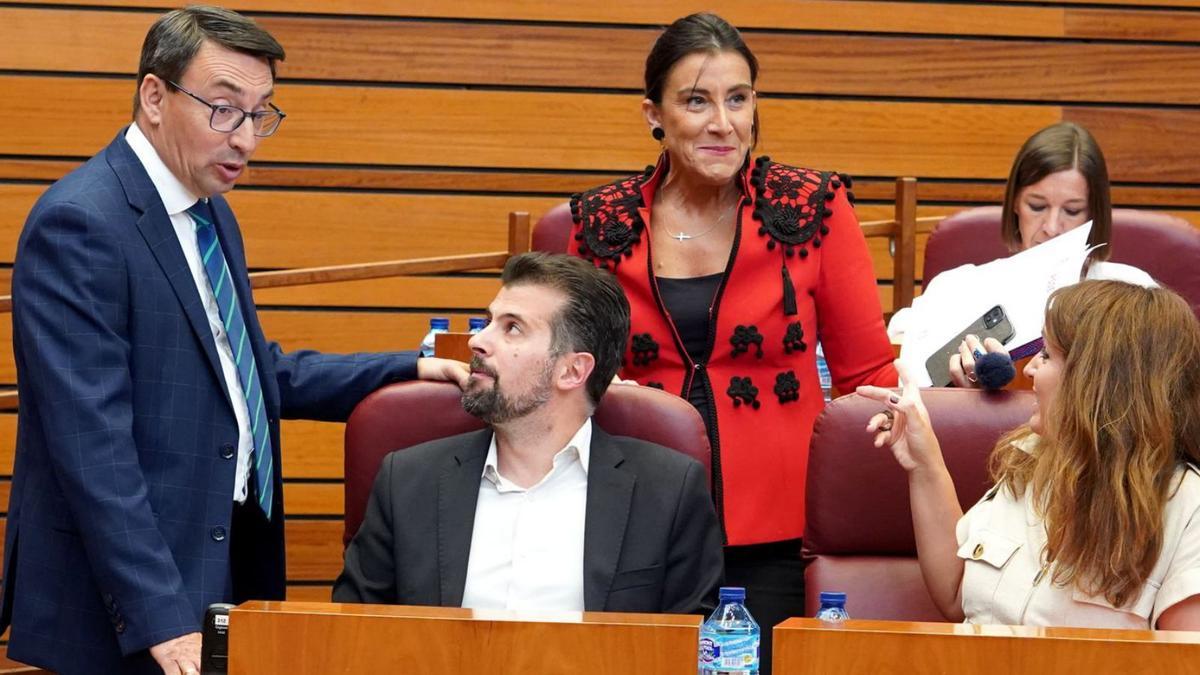 Luis Tudanca, en el centro, junto a la zamorana Ana Sánchez y Fernando Pablos, en el Pleno de las Cortes. | Ical