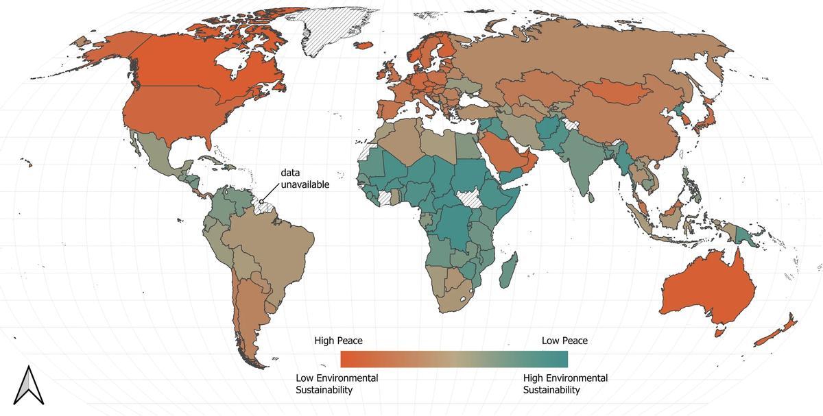 Distribución espacial global de indicadores de paz superpuestos (IPG e IPP) e indicadores clave de sostenibilidad ecológica (per cápita  CO 2 , Huella Ecológica y Huella Material).