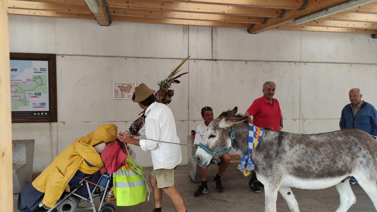 El peregrino cordobés y su burro de paseo por la plaza de abastos de Bueu.