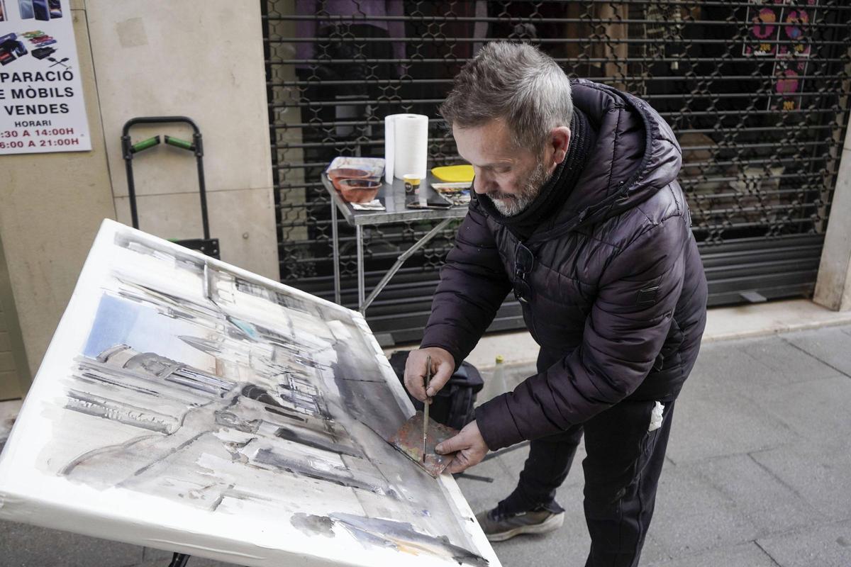 L'Abel Florido, de Berga, va pintar el paisatge urbà de la plaça Sant Domènec des del carrer del Born i amb l'edifici de la Caixa de Pensions al fons