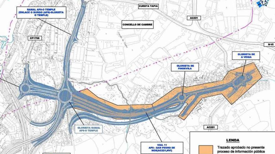 Trazado propuesto por la Xunta para conectar la AP-9 con San Pedro de Nós y A Barcala.