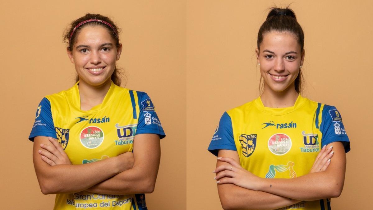 Paula Fernández (izd.) y Natalia Déniz, posan con la equipación de la UD Taburiente