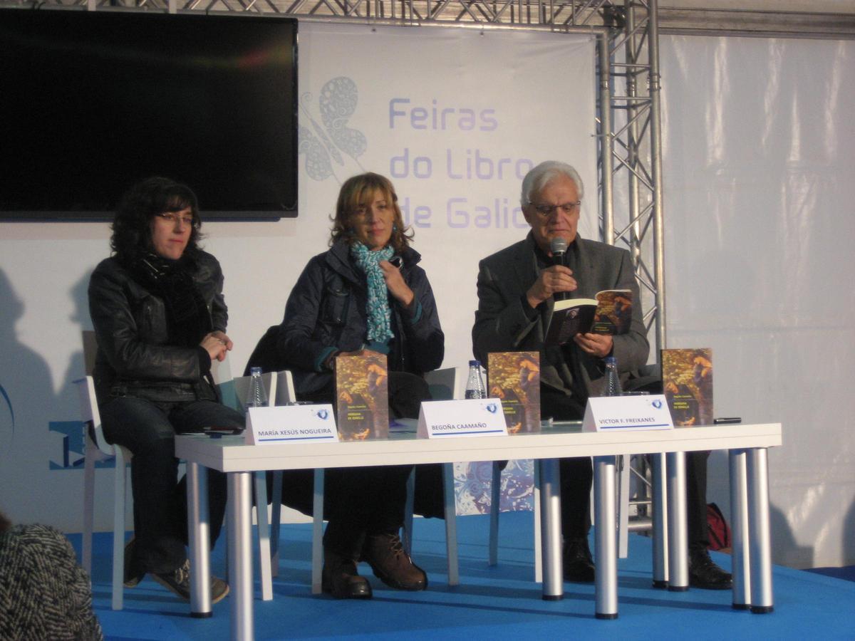 Begoña Caamaño presentando obra nunha feira do libro.