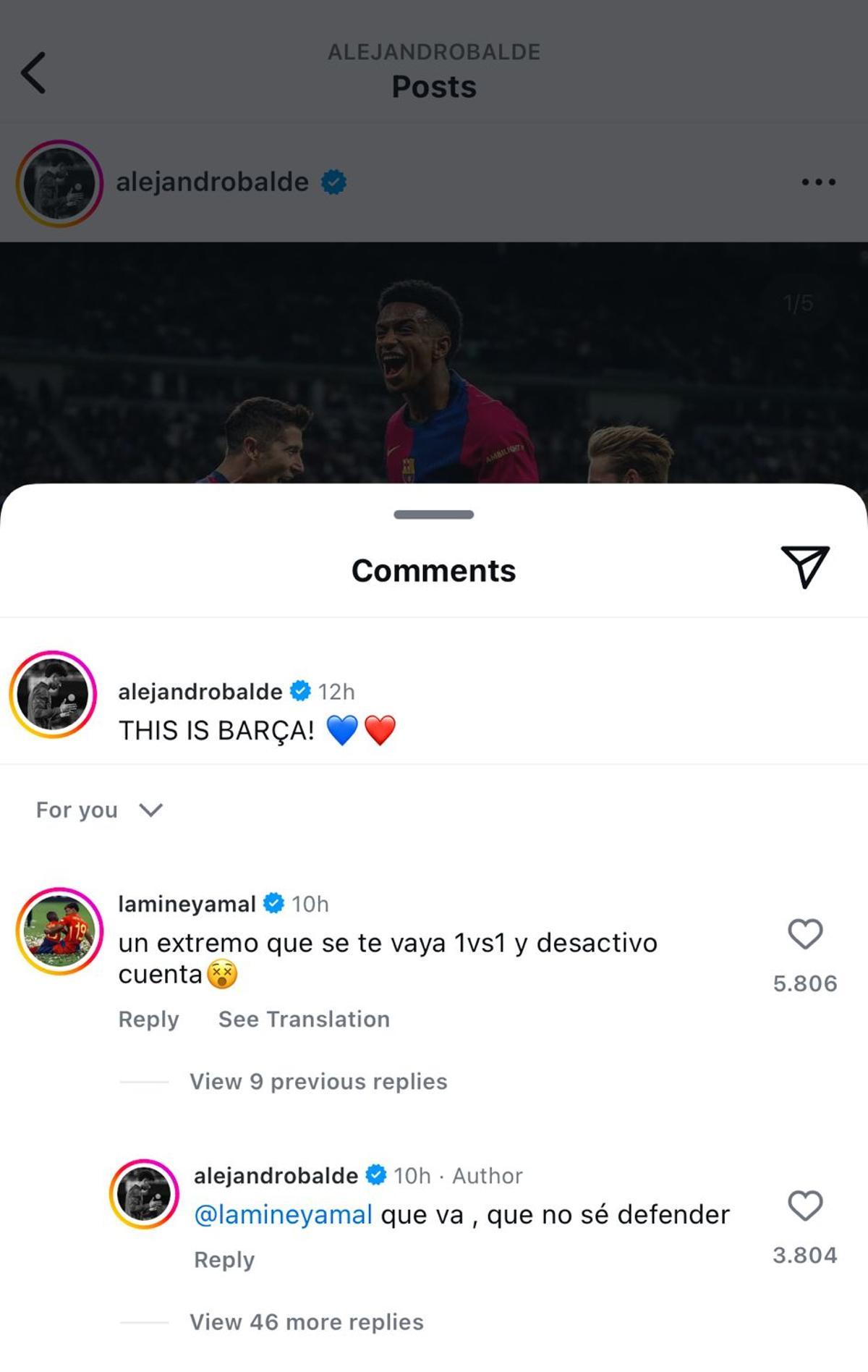 Comentario de Lamine Yamal a una publicación de Alejandro Balde
