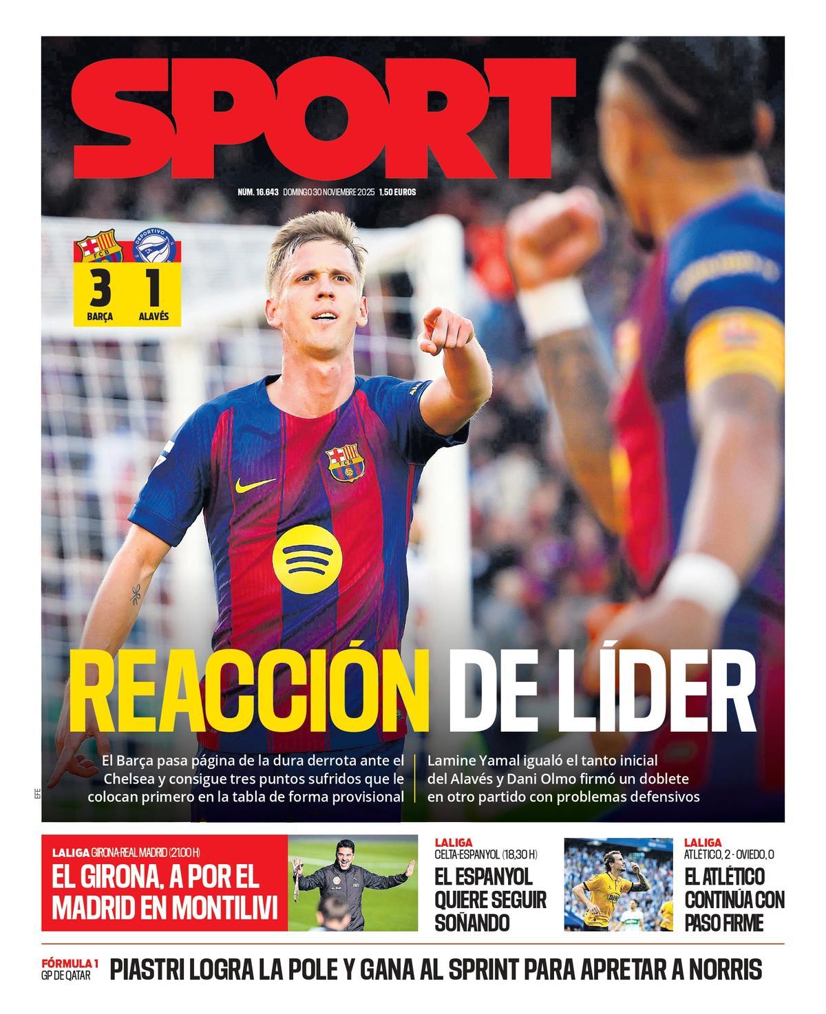 Esta es la portada de SPORT de hoy domingo, 30 de noviembre de 2025
