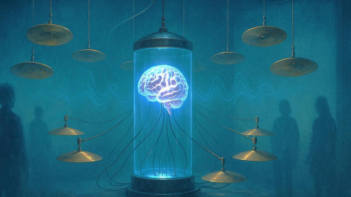Sinfonía póstuma de Alvin Lucier. Una escultura translúcida con forma de cerebro flotando dentro de una cápsula de vidrio, de la que salen finos cables conectados a placas metálicas suspendidas alrededor, como si flotaran en el aire, vibrando. Los martillos electromecánicos apenas visibles, golpean estas placas. Unas ondas sonoras se insinúan visualmente en el aire, como reverberaciones. Al fondo, siluetas borrosas de visitantes observan en silencio.