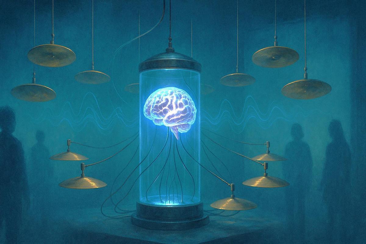 Sinfonía póstuma de Alvin Lucier. Una escultura translúcida con forma de cerebro flotando dentro de una cápsula de vidrio, de la que salen finos cables conectados a placas metálicas suspendidas alrededor, como si flotaran en el aire, vibrando. Los martillos electromecánicos apenas visibles, golpean estas placas. Unas ondas sonoras se insinúan visualmente en el aire, como reverberaciones. Al fondo, siluetas borrosas de visitantes observan en silencio.