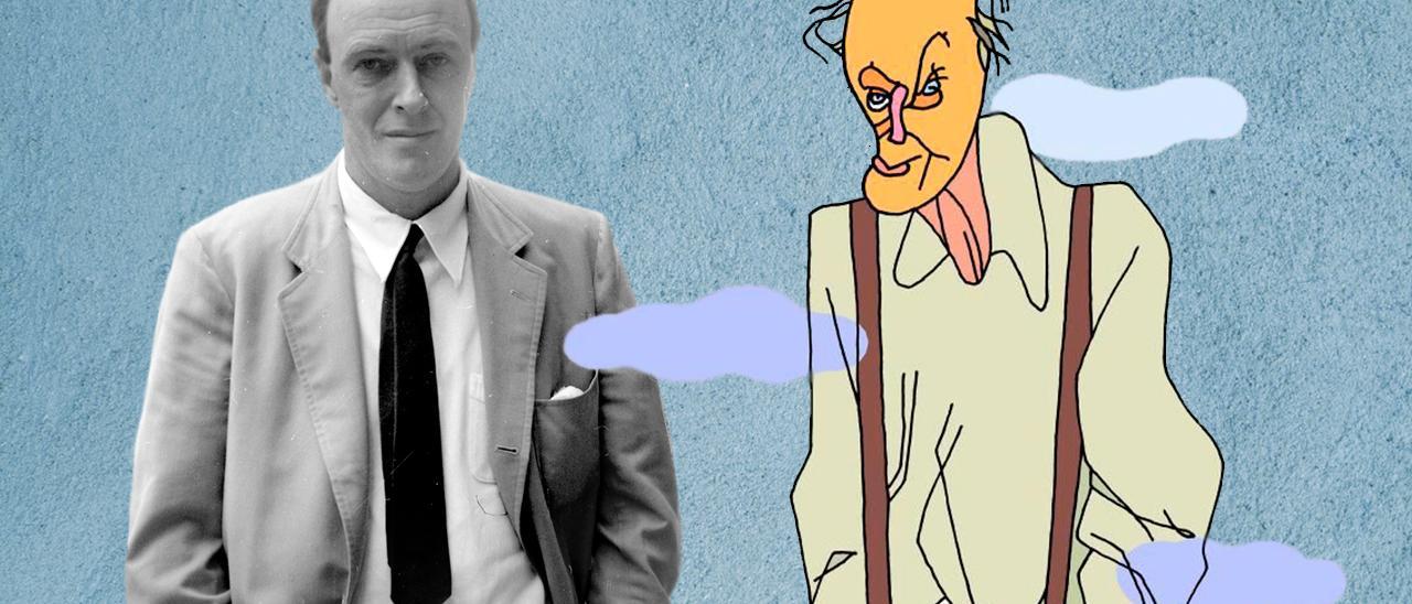 Roald Dahl, nunha imaxe de arquivo e nunha ilustración de Tassies