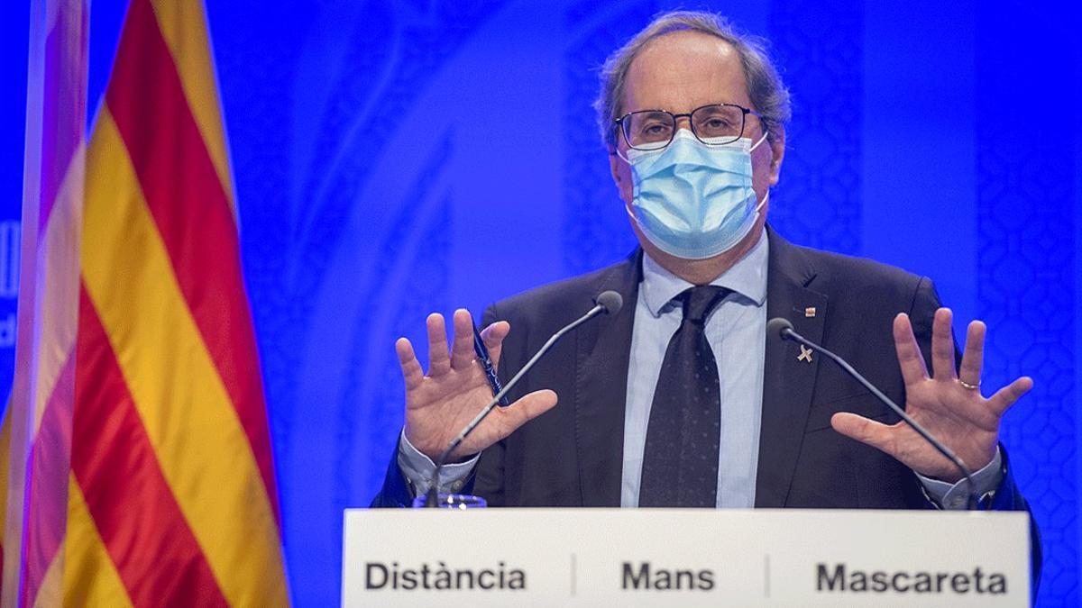 El 'president', Quim Torra, en un momento de la rueda de prensa para informar sobre el covid, este lunes 24 de agosto