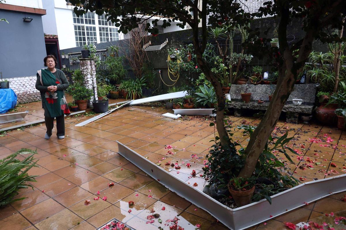 La cambadesa Marina Otero ante algunos de los muchos trozos caídos en su patio. | Noé Parga
