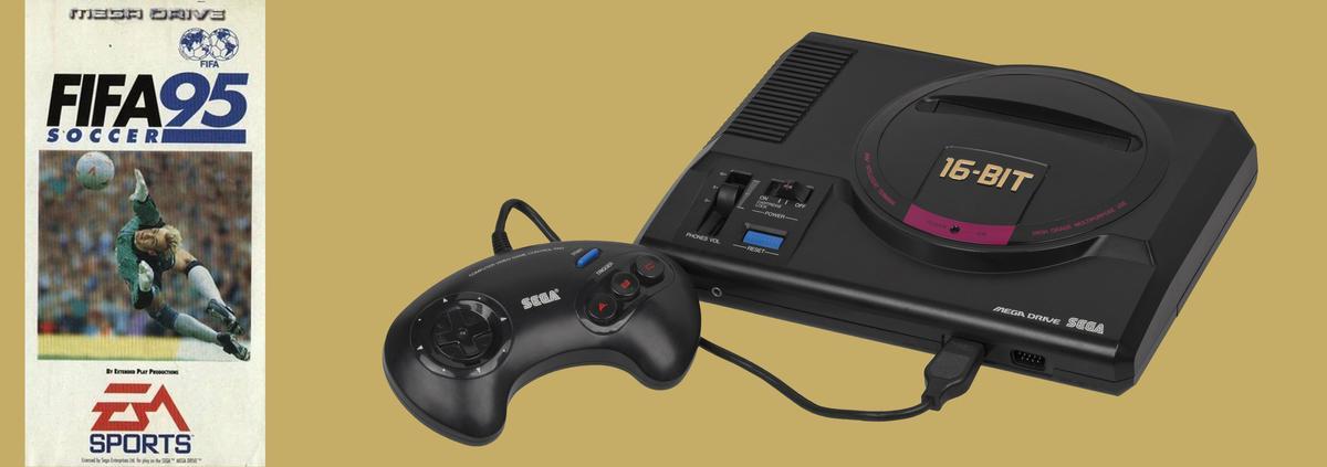 Portada del FIFA Soccer 95 y, a su lado, la SEGA Mega Drive.
