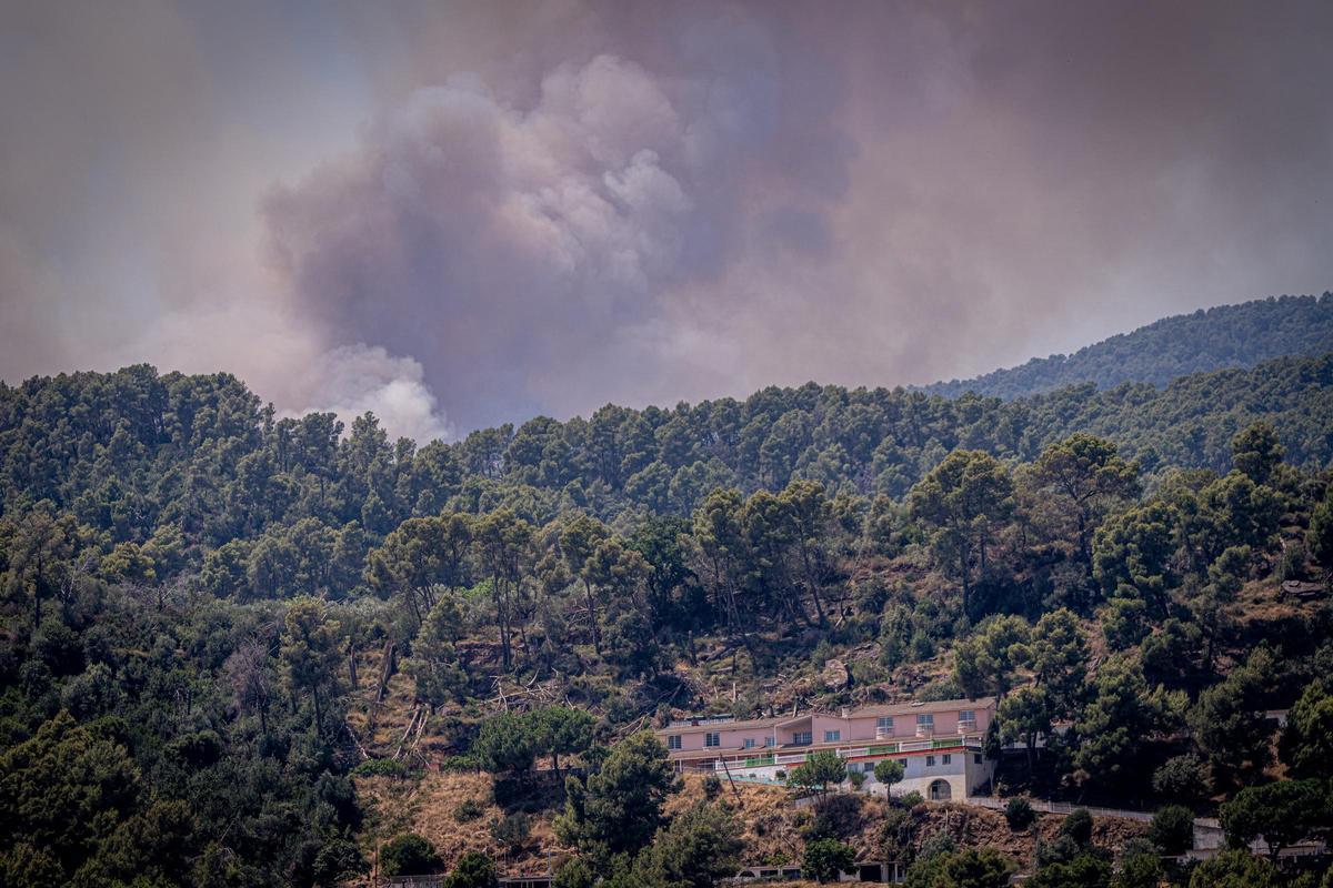Columna de humo visible durante el incendio forestal de Sentmenat, cuyo avance ha movilizado un amplio dispositivo de emergencias