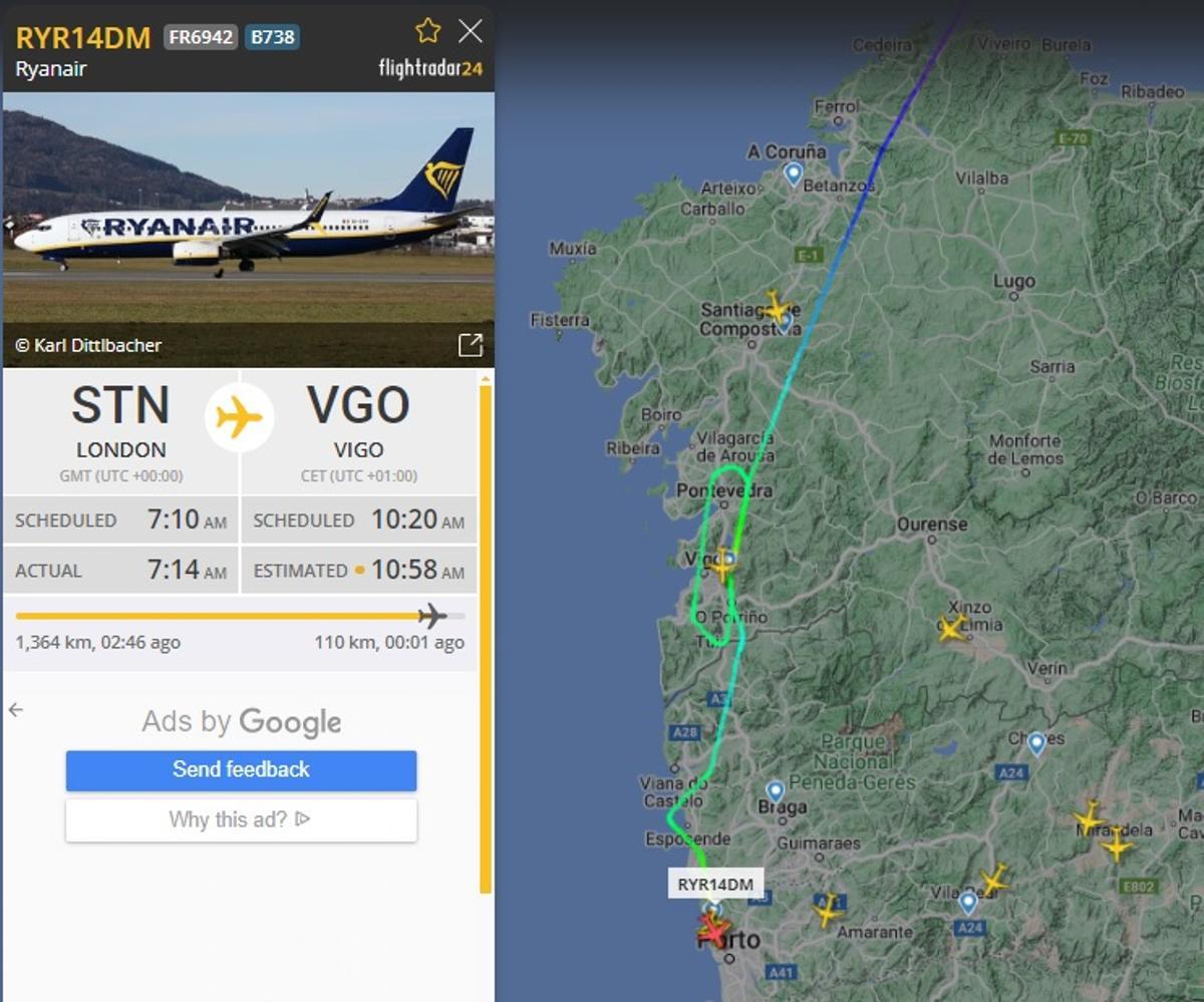 El vuelo Londres-Vigo de Ryanair se ha desviado a Oporto.