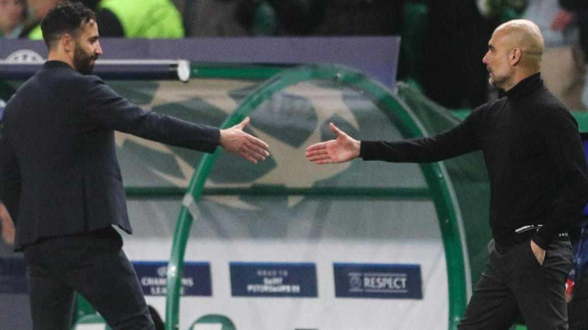 Rúben Amorim saluda a Pep Guardiola antes de un partido de Champions League