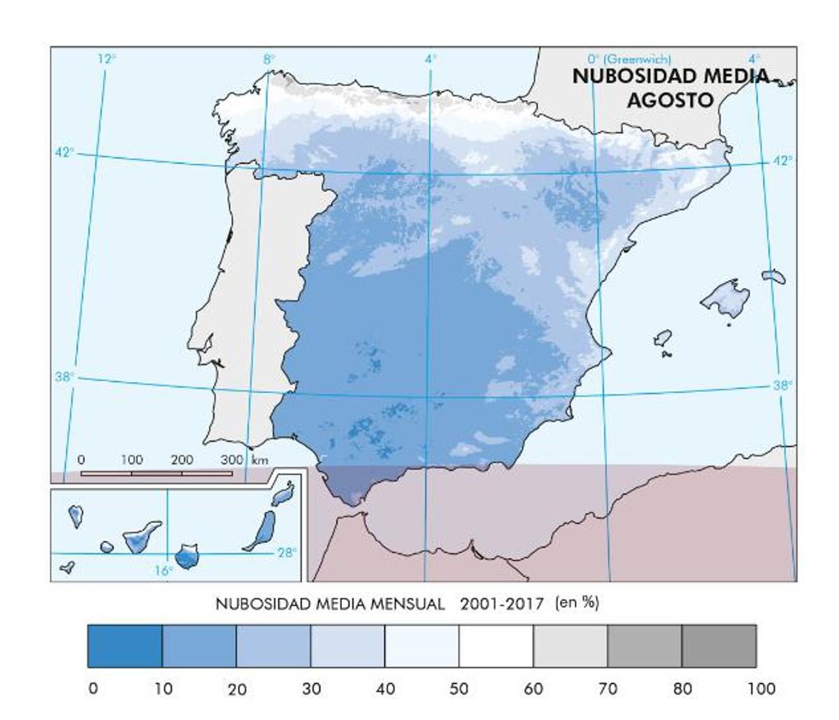 Datos de nubosidad media para agosto en el período de 2001-2017