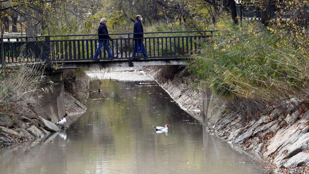 El Canal Imperial de Aragón a su paso por Torrero, con la mitad del caudal habitual.