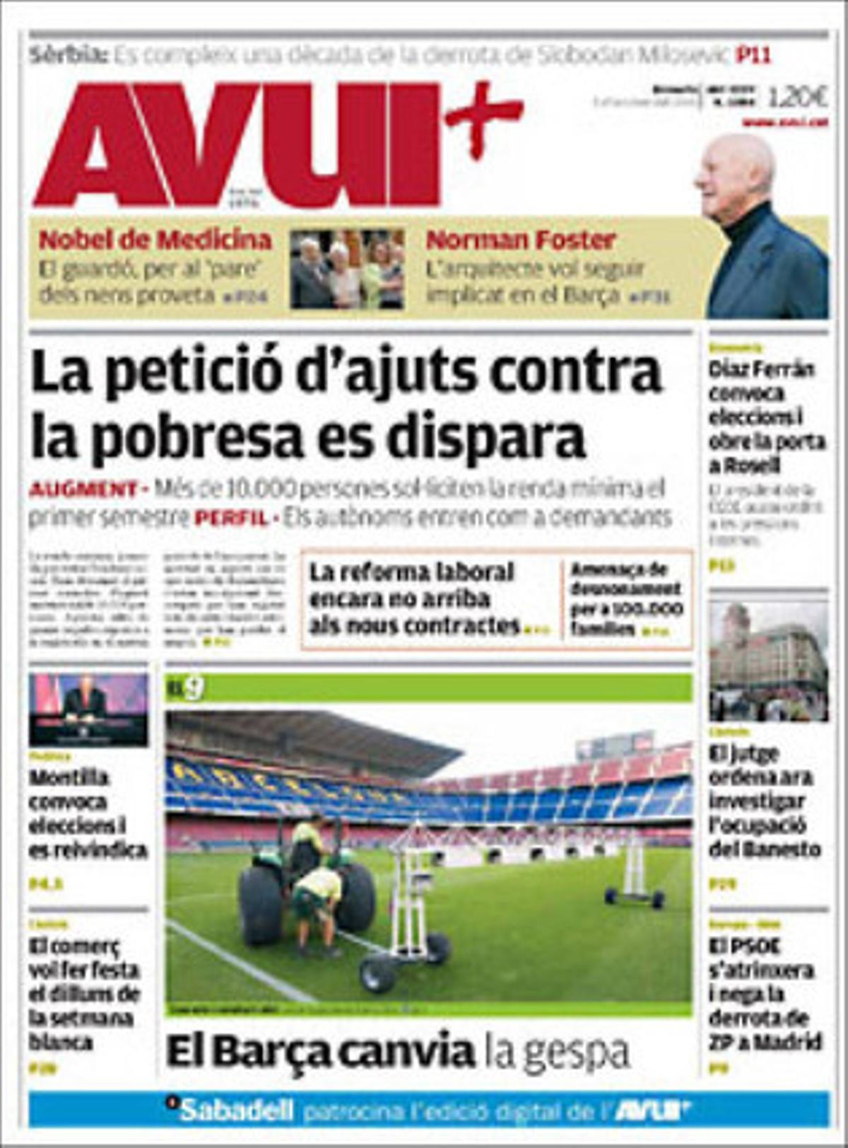 ’Avui’ destaca a les pàgines interiors que el president Montilla es reivindica, que Artur Mas proposa el concert econòmic a un empresariat expectant i que ERC es declara orgullosa de l’obra del tripartit. També ressalta el clam popular a Catalunya contra les execucions hipotecàries i que hi ha en marxa una recollida de firmes per una iniciativa legislativa popular que decreti una moratòria, que es quadruplica la demanda familiar de renda mínima i que l’obra pública licitada va créixer un 19% a Catalunya el primer semestre. També ressalta com a tema propi que el comerç de la ciutat de Barcelona reclamarà que sigui festiu el dilluns de la setmana blanca. Finalment, Norman Foster declara que voldria seguir vinculat al Barça.